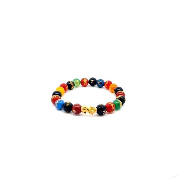 18K Gold Pixiu Piyao Bracelet Natural Gemstones Agate Multicolor 8mm Elastic Bra - Picture 1 of 5